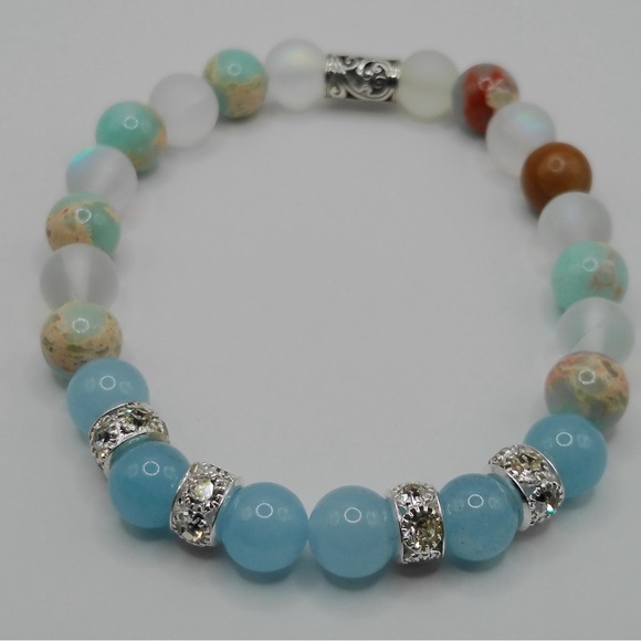 UrbanaSkyStones Jewelry - Beautiful AAA Aquamarine & African Opalite Agate & Moonstone Bracelet.
